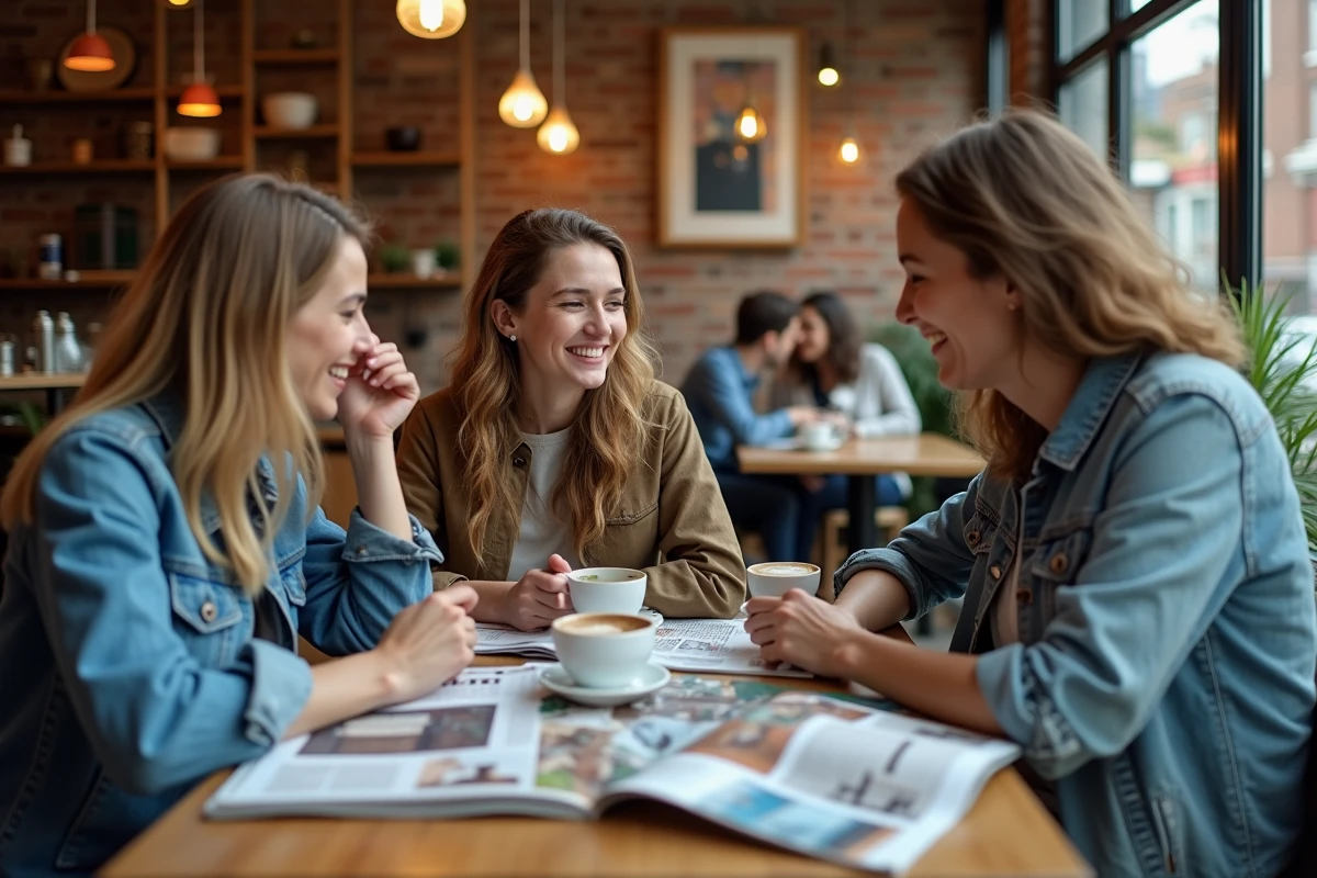 Groupe de lecteurs discutant de leurs avis sur le magazine Epershand autour d'une table de café