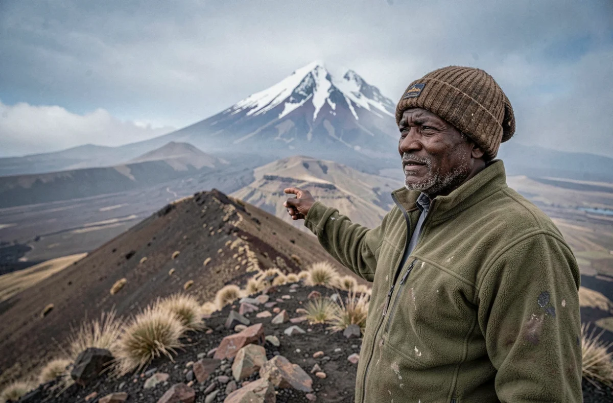 Guide local expérimenté pointant vers le sommet du Kilimandjaro sur un sentier rocheux à haute altitude