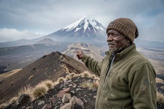 Guide local expérimenté pointant vers le sommet du Kilimandjaro sur un sentier rocheux à haute altitude