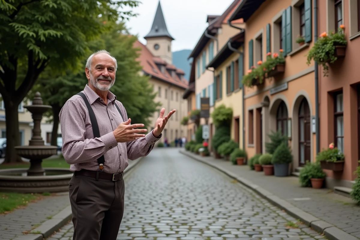Un habitant en tenue bavaroise traditionnelle sur la place du village de Gummering en Bavière, avec des maisons à colombages fleuries en arrière-plan