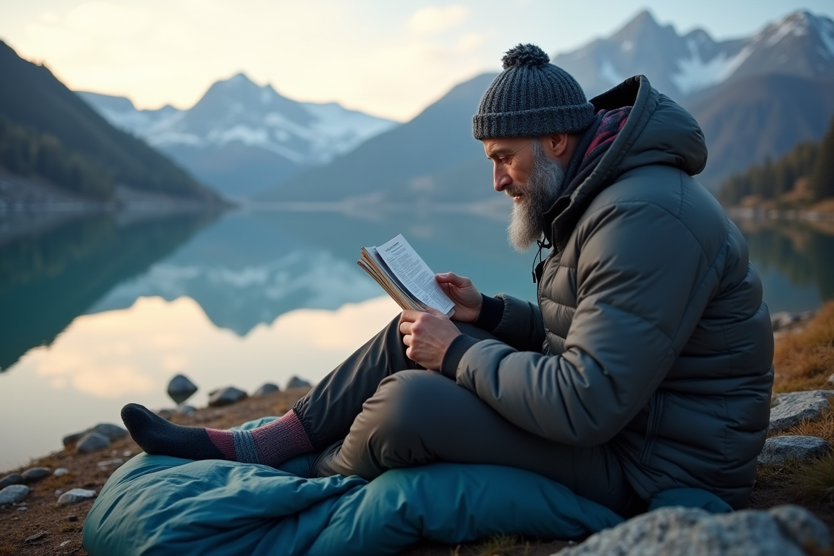 Homme assis près d’un lac de montagne au lever du soleil en train de lire