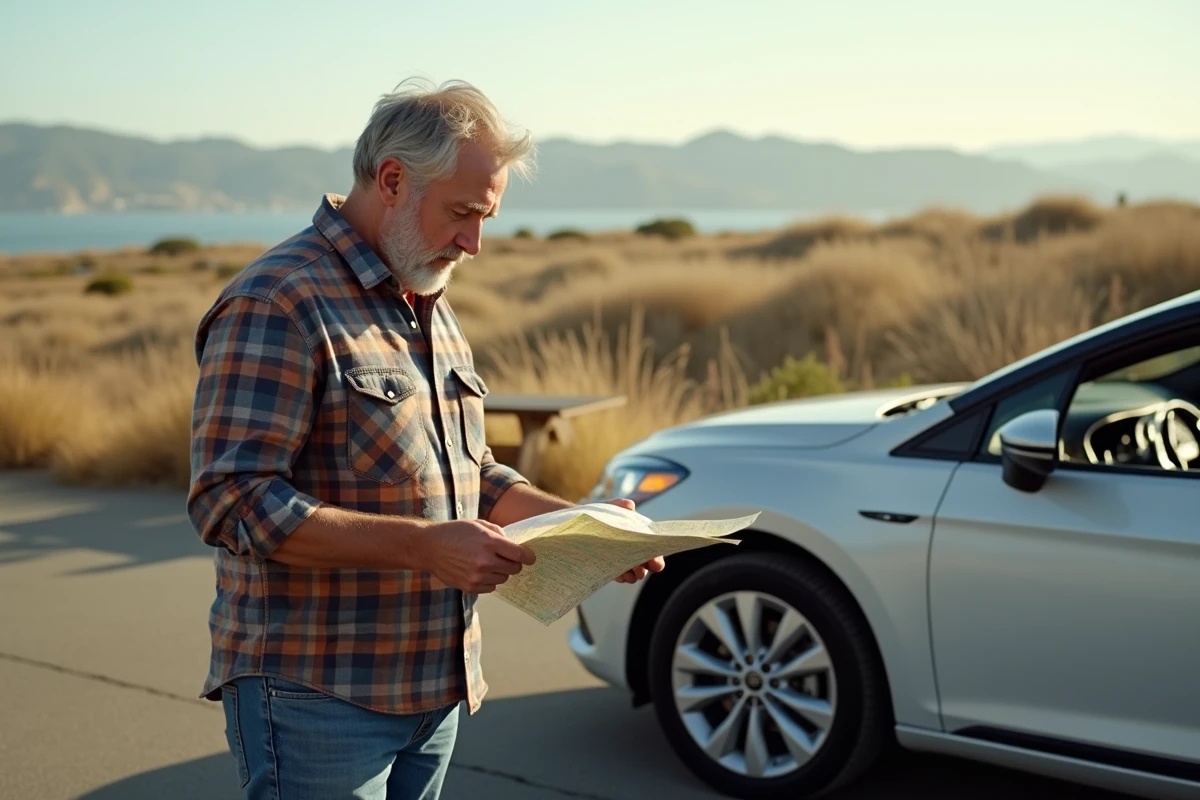 Homme vérifiant une carte près d