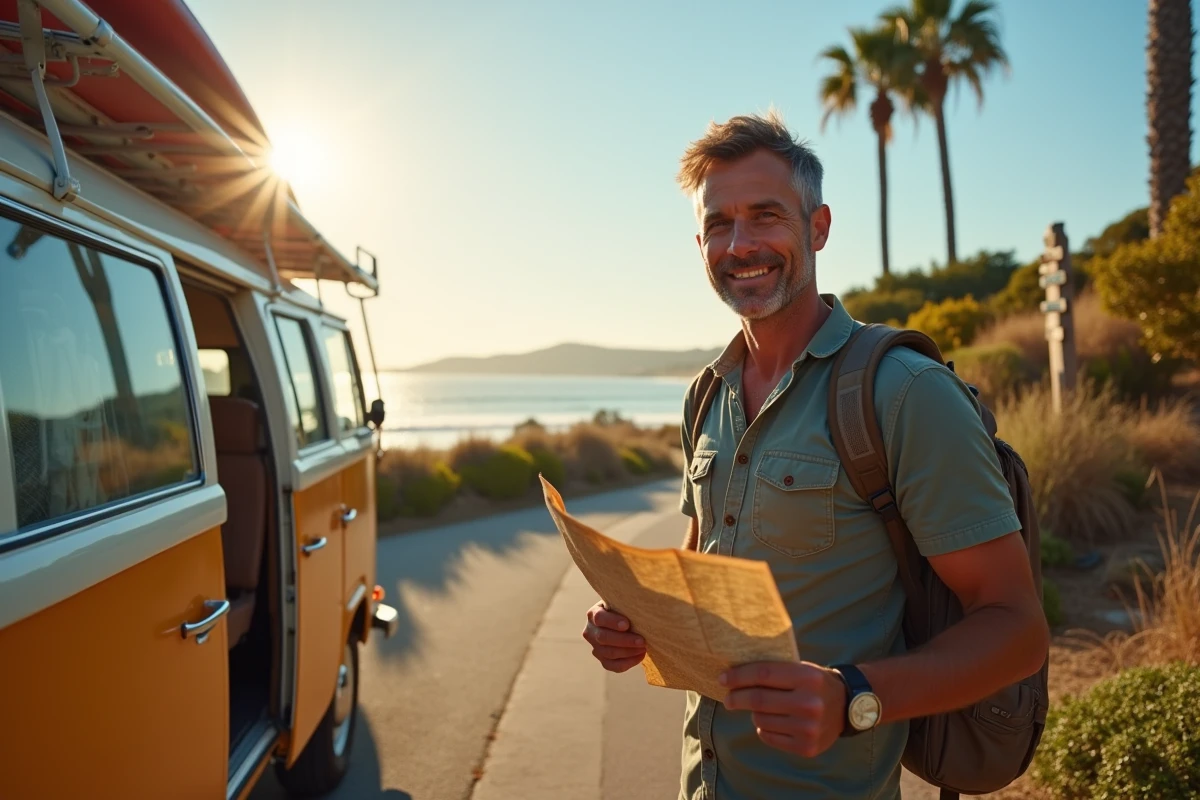 Homme avec carte et van sur une route côtière australienne