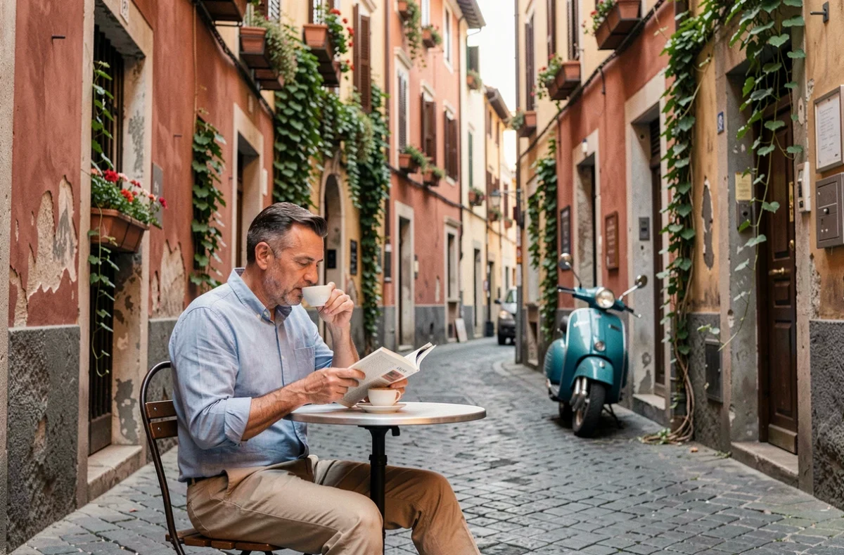 Homme lisant un guide touristique dans une ruelle de Trastevere à Rome avec un espresso, ambiance italienne authentique