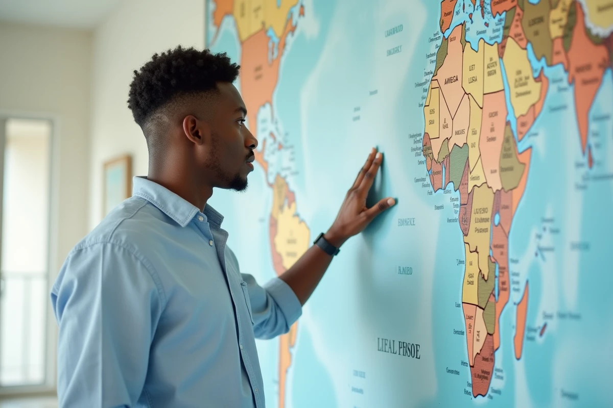 Jeune homme africain pointant la position du Sénégal sur une grande carte murale de l'Afrique dans un couloir universitaire
