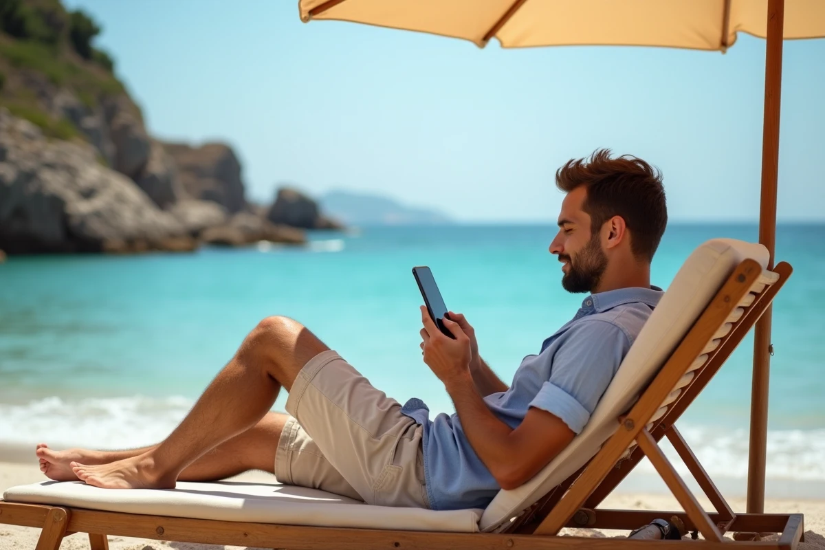 Homme comparant des offres de vacances sur son smartphone au bord de la mer Méditerranée