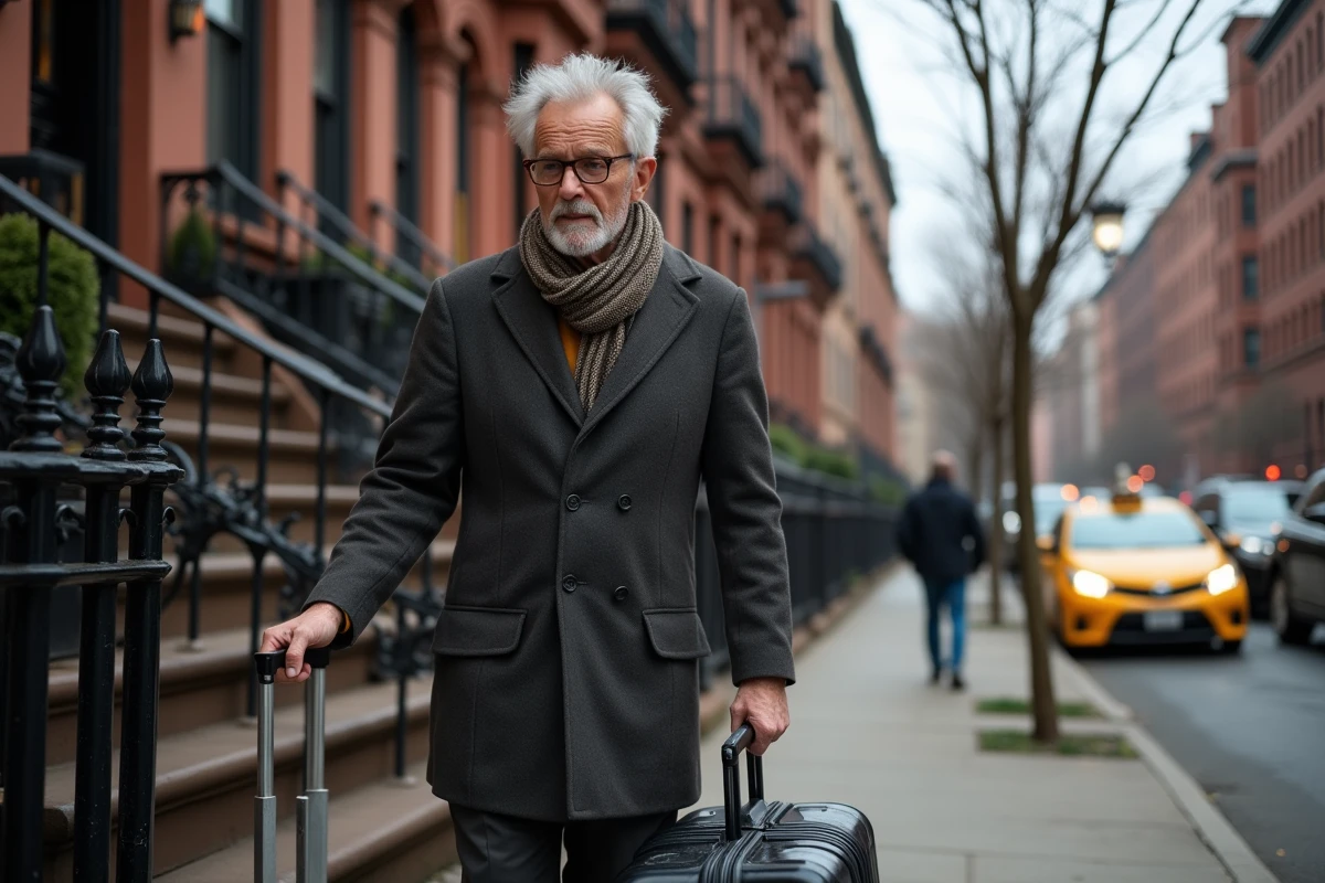 Homme déchargeant sa valise devant une brownstone à Manhattan