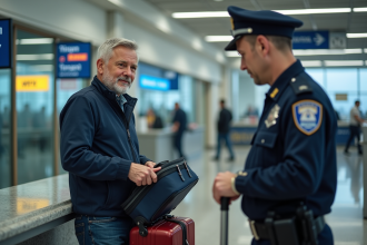 Homme d'âge moyen à la douane aéroport en tenue décontractée