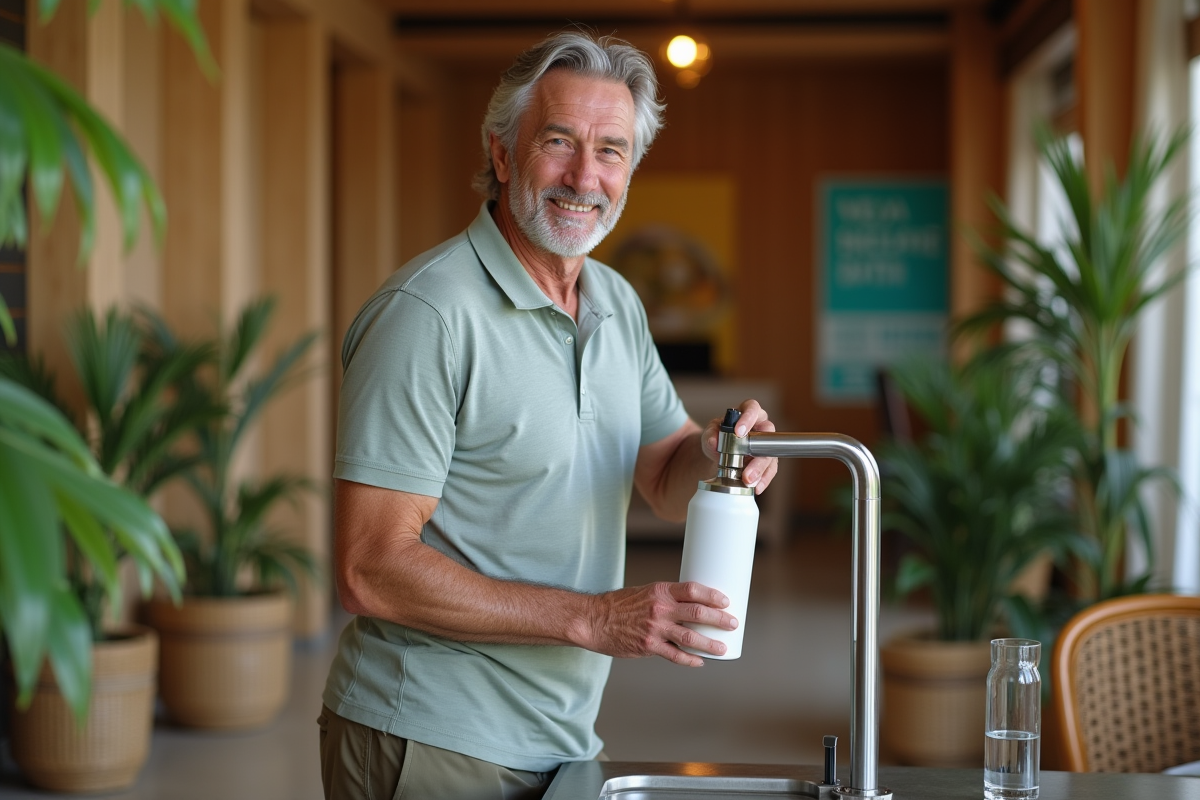 Homme remplissant une bouteille d