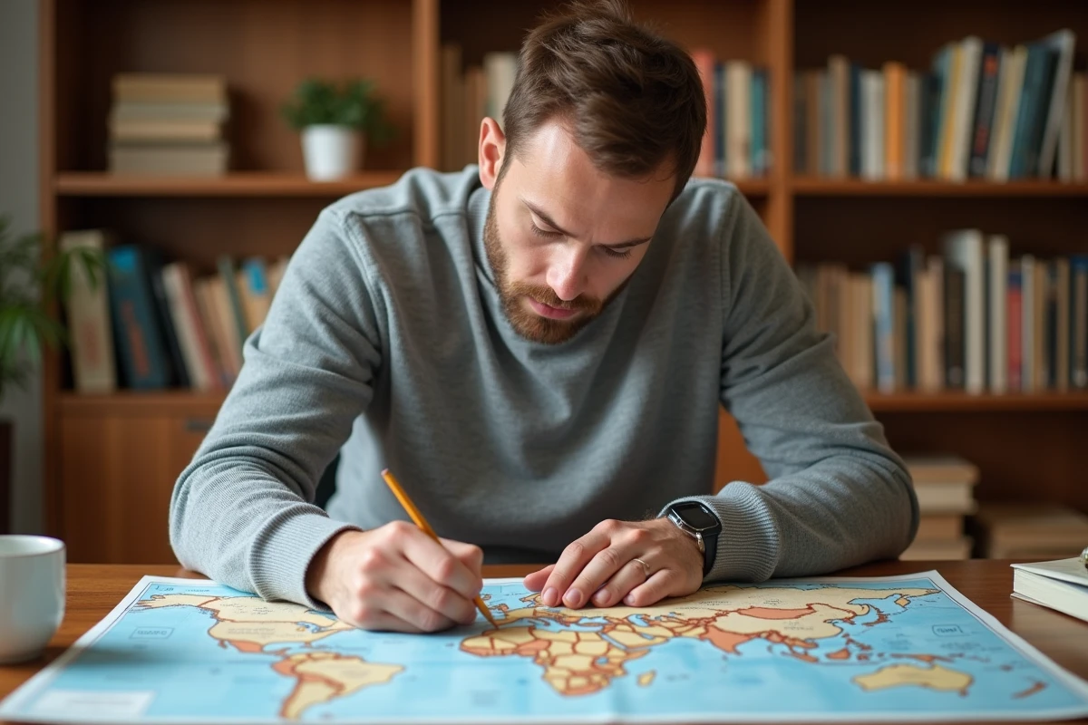 Homme étudiant les fuseaux horaires irréguliers sur une carte monde imprimée