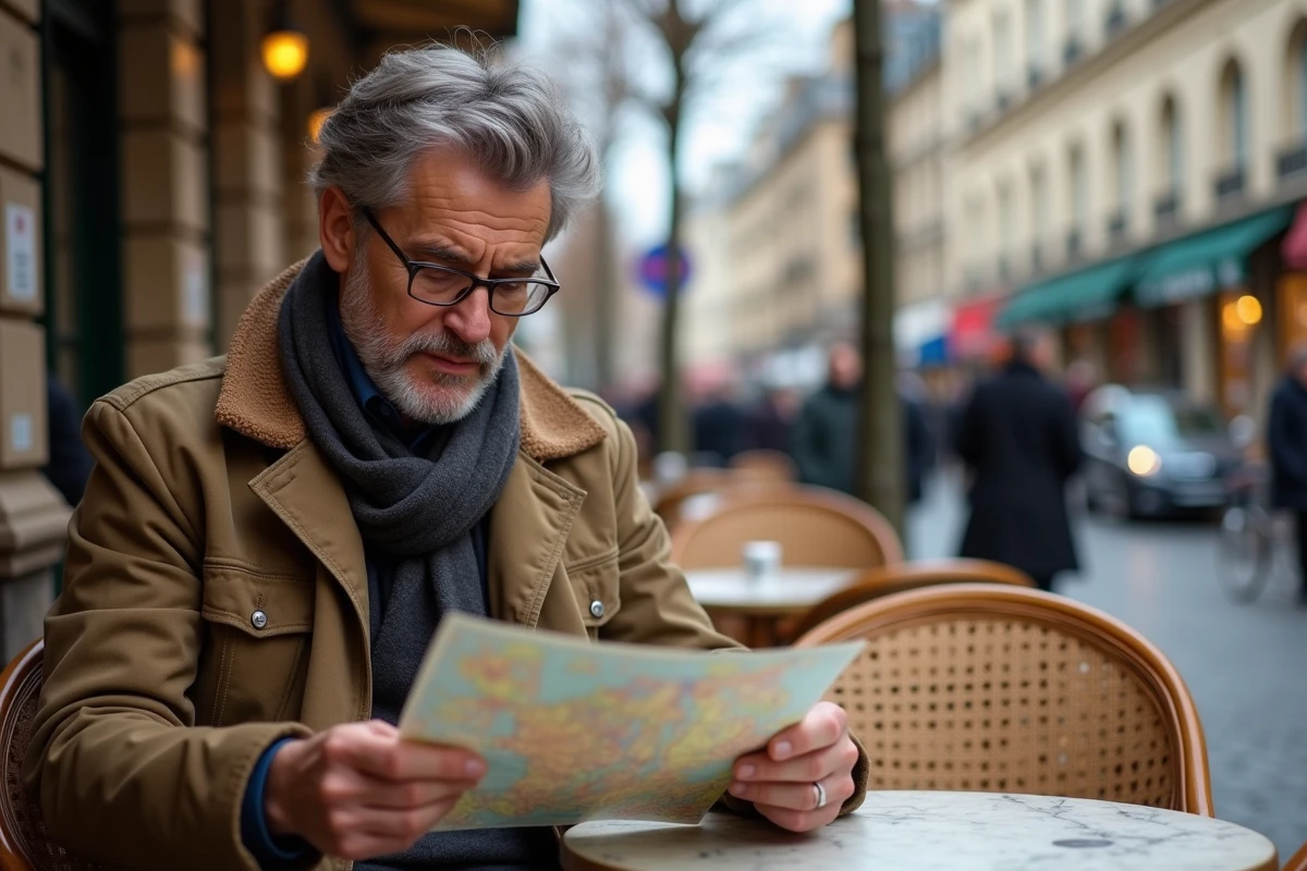 Homme concentré lisant une carte à une terrasse parisienne
