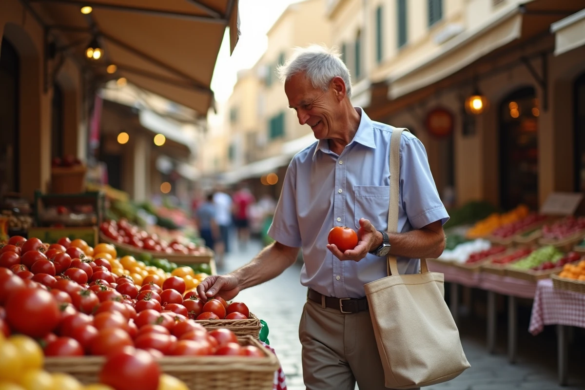 Homme âgé achète des tomates dans un marché local à Saint Paul