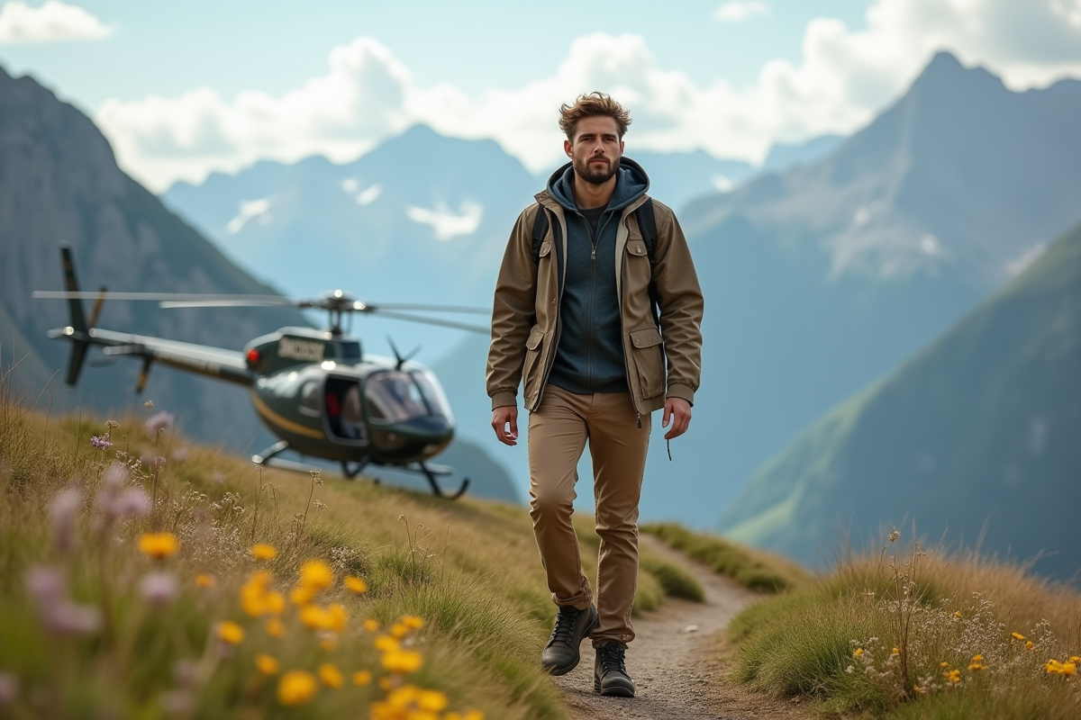 Homme en vêtements de randonnée sortant d’un hélicoptere en montagne