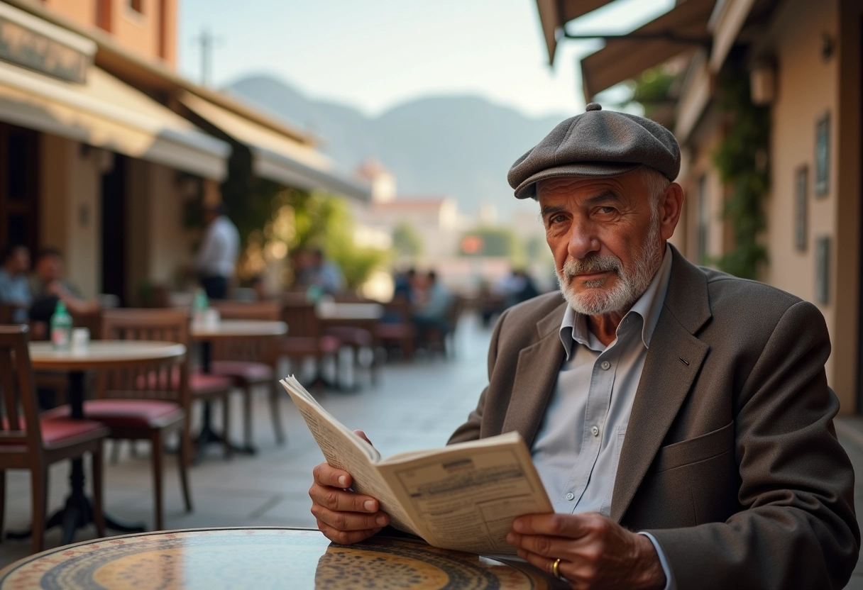 Homme marocain âgé lisant au café avec décor traditionnel