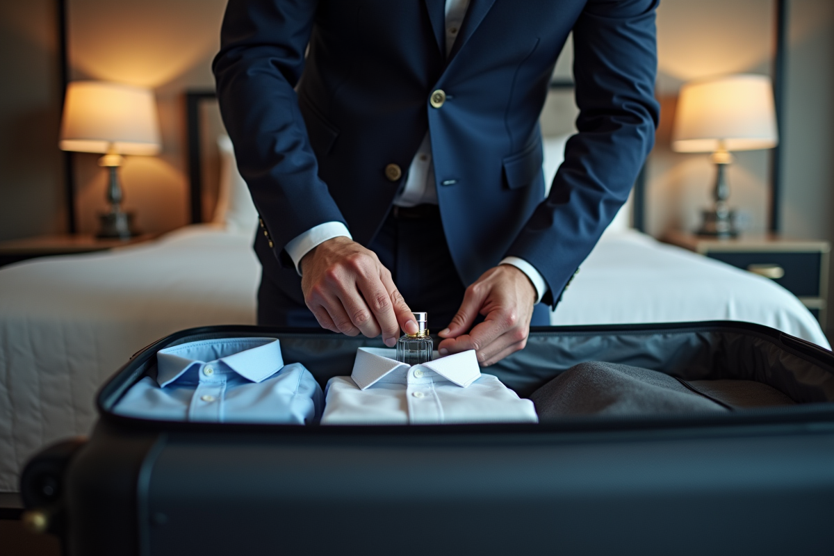 Homme rangeant un parfum dans sa valise à l