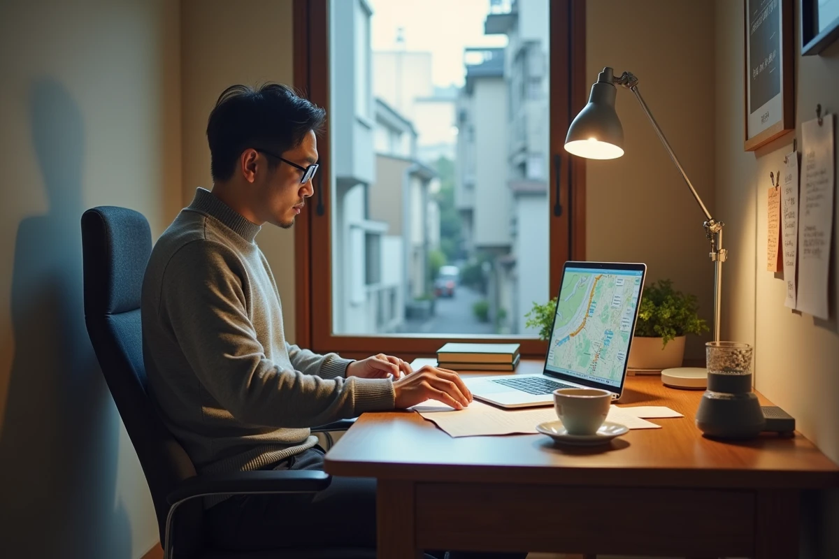 Homme organisant son long séjour à Tokyo depuis un appartement japonais minimaliste avec carte du métro et ordinateur portable