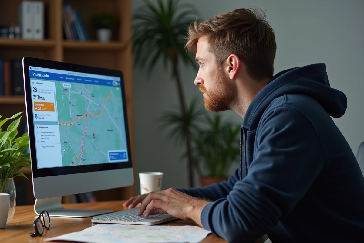 Homme planifiant un trajet sur le site ViaMichelin depuis son bureau à domicile avec carte de trafic affichée