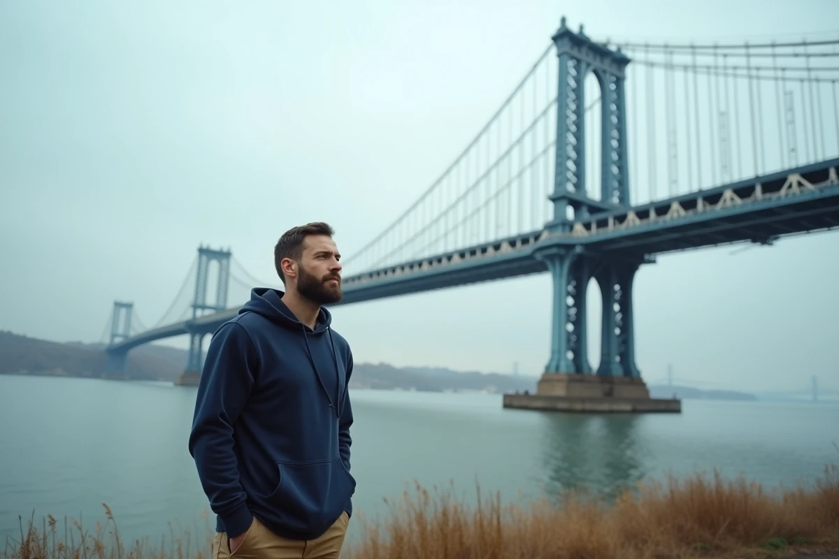 Homme contemplant le pont Verrazzano-Narrows depuis un point de vue panoramique de Staten Island