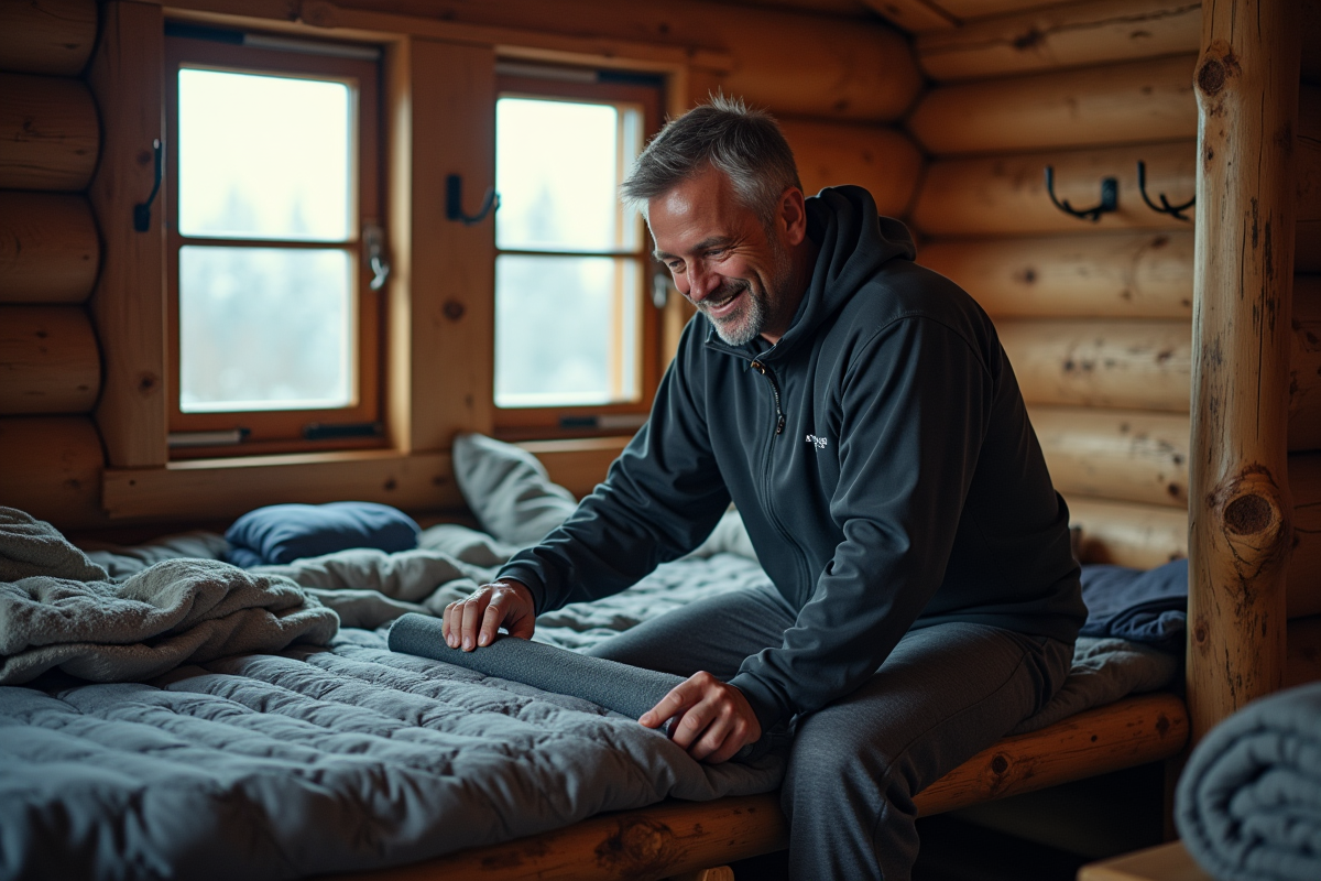 Homme en vêtements chauds préparant son couchage dans un dortoir montagnard