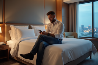 Homme d'âge moyen consulte sa réservation sur smartphone