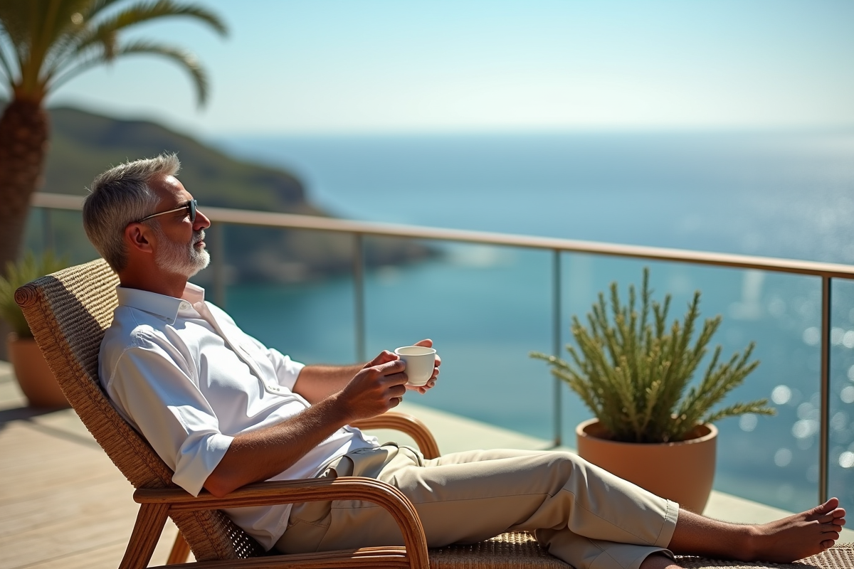 Homme détendu sur terrasse avec vue sur la mer en Corse