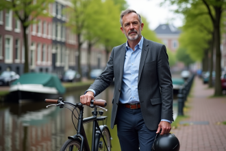 Homme d'âge moyen avec casque vélo à Amsterdam