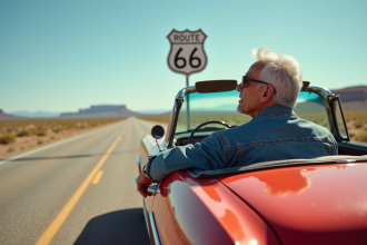 Homme âgé en denim sur une voiture vintage Route 66