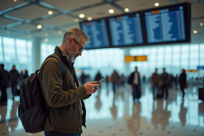 Homme d'âge moyen vérifiant son smartphone à l'aéroport