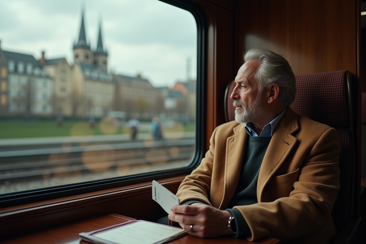 Homme regardant par la fenêtre dans train confortable