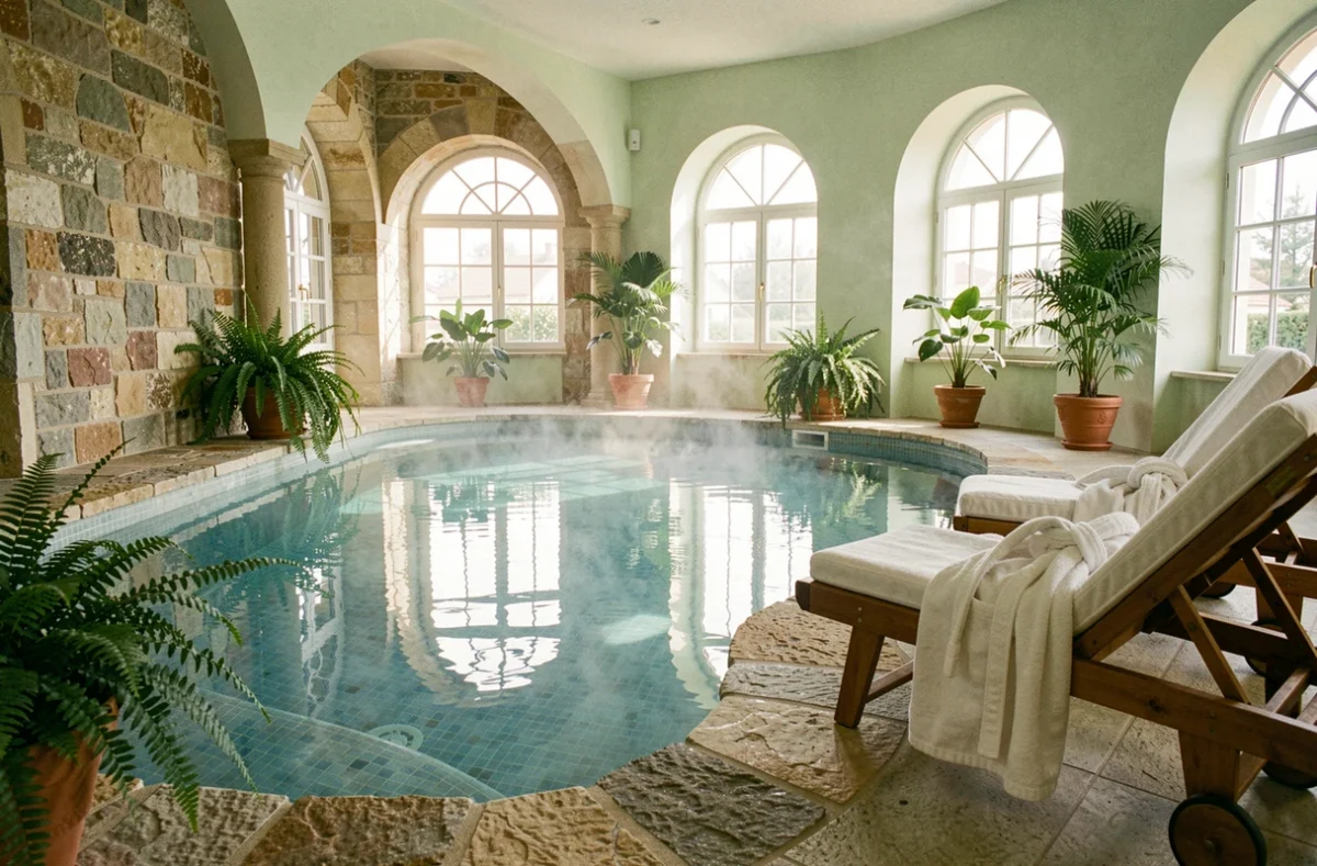 Piscine intérieure de l'Hostellerie La Cheneaudière et Spa avec ambiance zen, pierres naturelles et verdure tropicale