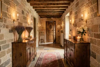 Couloir romantique d'un hôtel de charme du Grand Est avec poutres apparentes, murs en pierre et décoration florale élégante