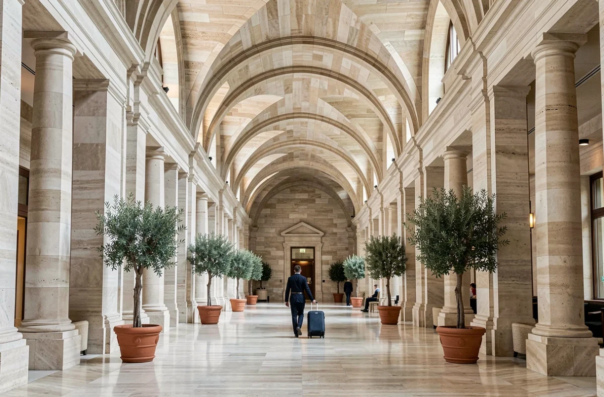 Grand atrium de l'InterContinental Lyon Hôtel-Dieu, ancienne institution hospitalière du 18e siècle restaurée
