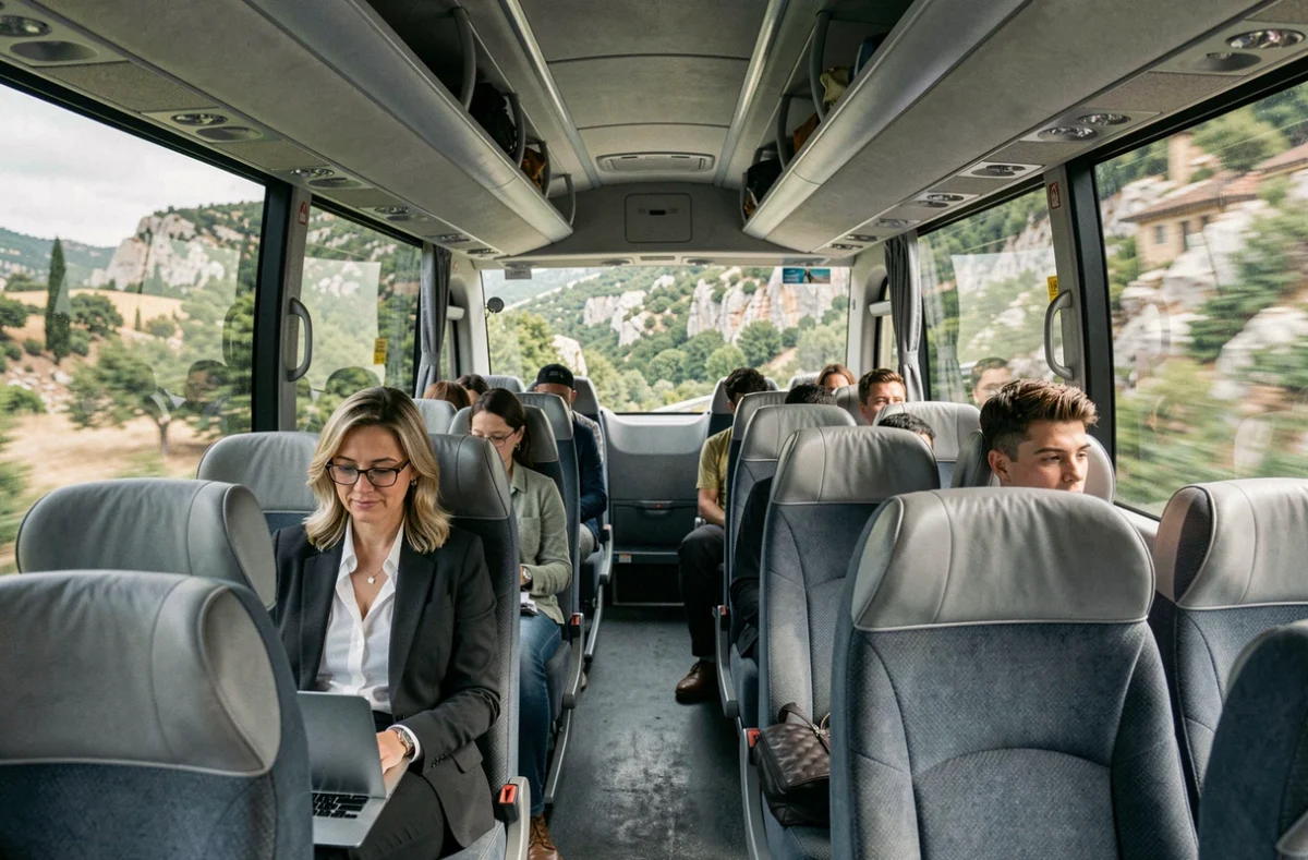 Intérieur d'un bus intercités sur la ligne Marseille Aix-en-Provence avec passagers et paysage provençal visible par les fenêtres