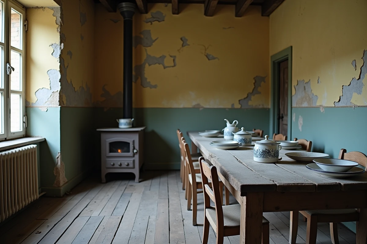Intérieur d'une cuisine de ferme abandonnée en France avec vaisselle poussiéreuse et papier peint décollé dans une maison fantôme