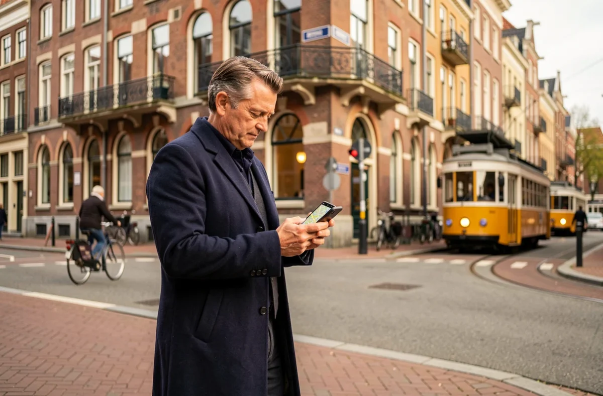 Homme consultant une carte interactive sur smartphone à un carrefour du quartier De Pijp à Amsterdam, entouré d'immeubles en briques du XIXe siècle
