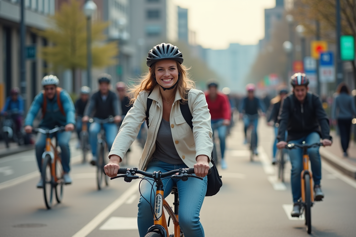 Jeune femme à vélo dans une rue animée de Utrecht