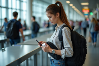 Jeune femme préparant son sac à l'aéroport avec chargeur blanc