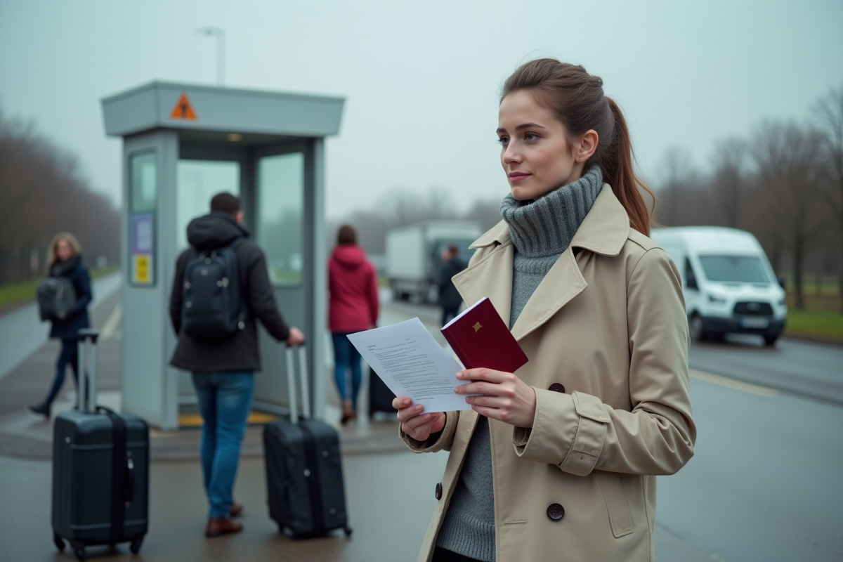 Jeune femme au passage frontière avec un passeport