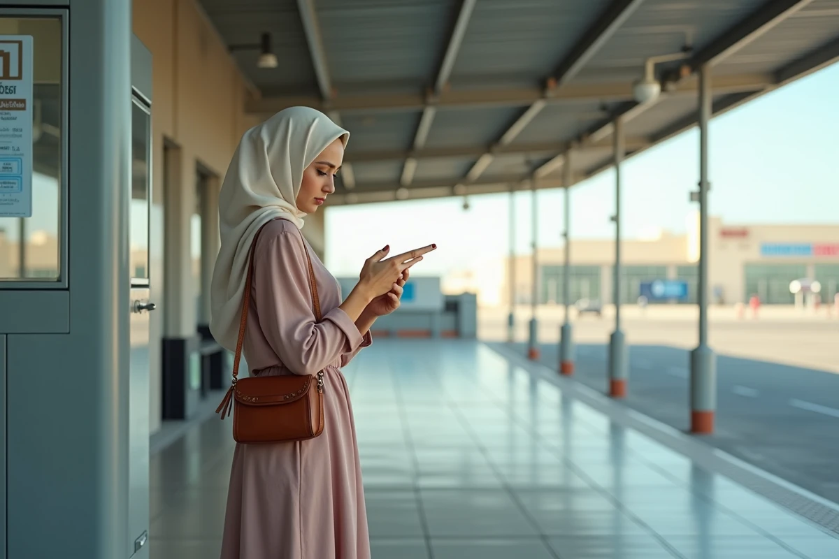 Jeune femme vérifiant son téléphone au parking