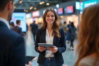 Jeune femme présentant son blog à un groupe de blogueurs