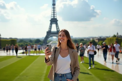 Jeune femme souriante prenant un selfie devant la tour Eiffel