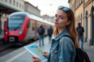 Jeune femme avec carte Eurail sur plateforme train
