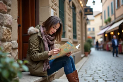 Jeune femme examinant une carte dans un village pittoresque