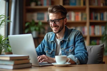 Jeune homme souriant devant son ordinateur dans un appartement