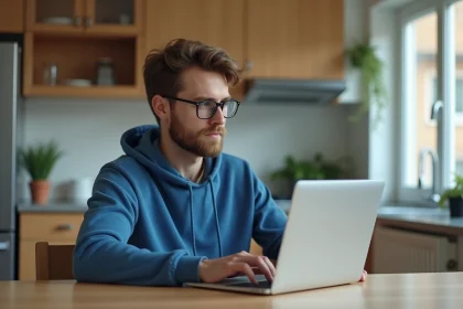 Jeune homme en hoodie bleu surveillant un vol en ligne à la maison