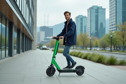 Jeune homme en scooter électrique dans la ville moderne