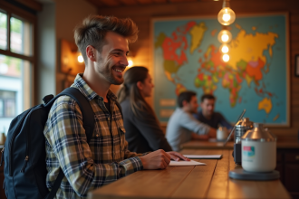 Jeune homme souriant à la réception d'une auberge chaleureuse