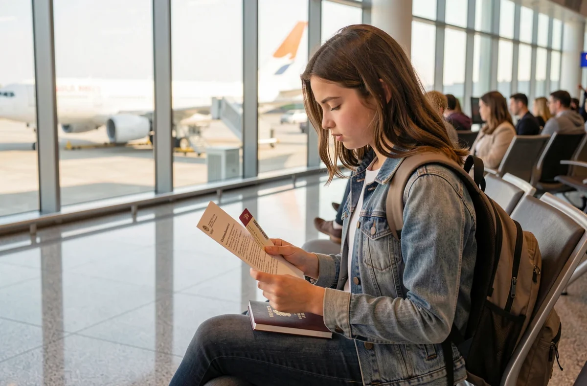Jeune adolescente seule en salle d'embarquement avec une autorisation parentale et sa carte d'embarquement