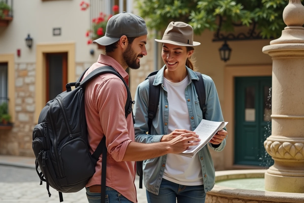 Jeune couple en randonnée devant une fontaine andalouse