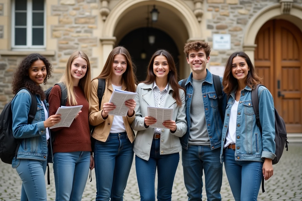 Groupe de jeunes touristes devant un bâtiment historique